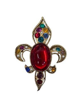 Rhinestone Fleur de Lis Scarf Clip Clip Rhinestones Large Red Jewel Faux Pearls